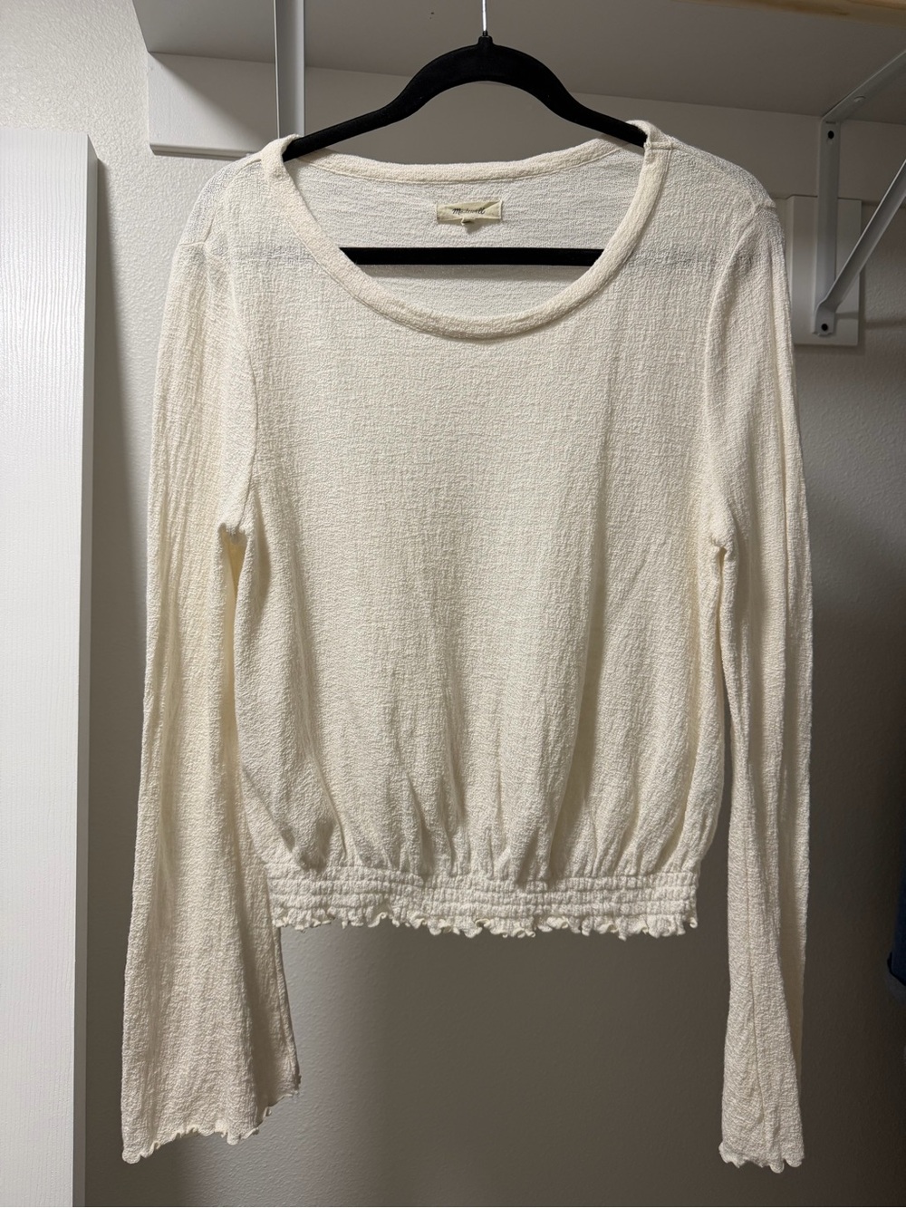 Madewell Cream Textured 100% cotton Long-Sleeve Crop Top